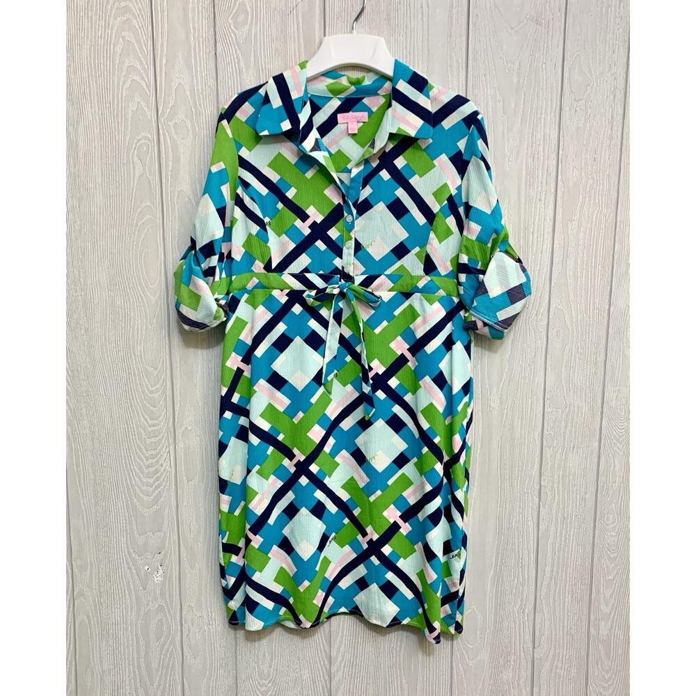 Lilly Pulitzer Sabine Shirt Dress Blue Green Geometric 6 NWT